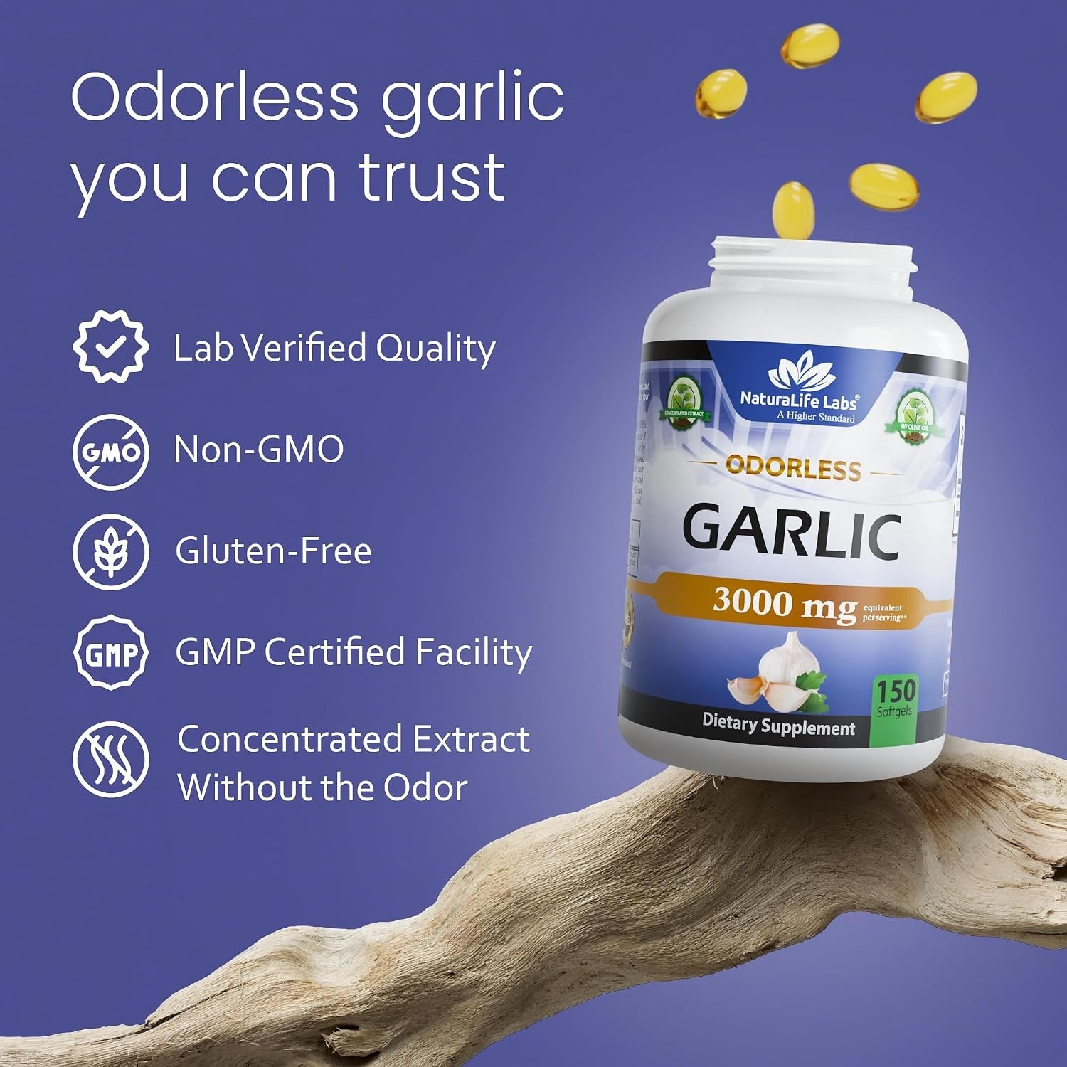 Pure Odorless Garlic with Organic Olive Oil – 150 Softgels, Gluten-Free Formula