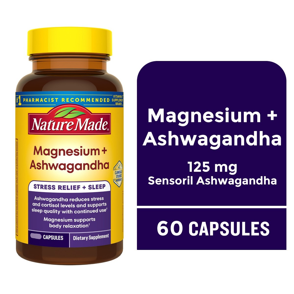 Nature Made Magnesium + Ashwagandha Capsules, Stress Relief + Sleep Support-60ct
