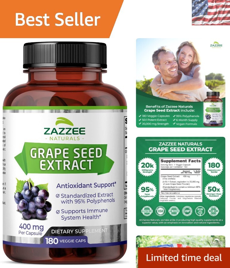High-Potency 20,000 mg Grape Seed Extract – 180 Vegan Capsules, 95% Polyphenols