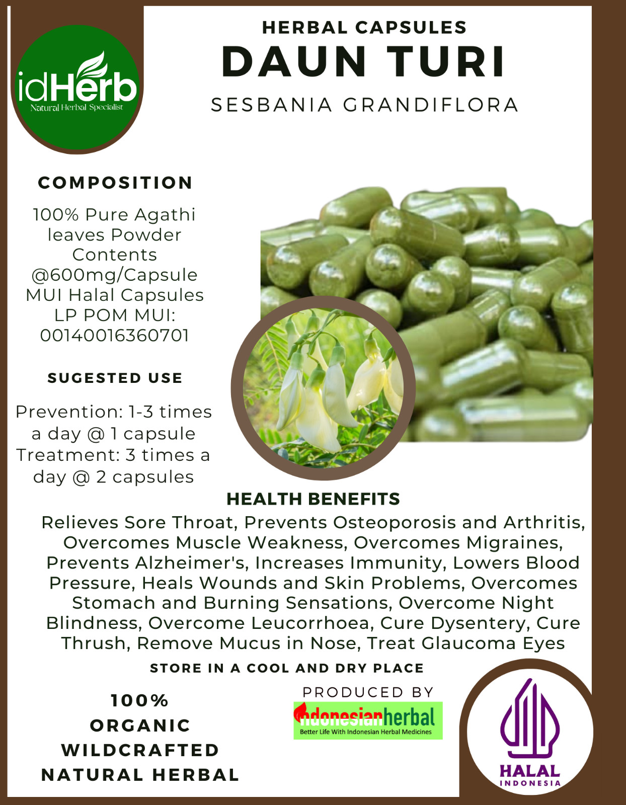 [idHerb] 100-800 Capsule Vegetable Hummingbird Sesbania Grandiflora WildCrafted