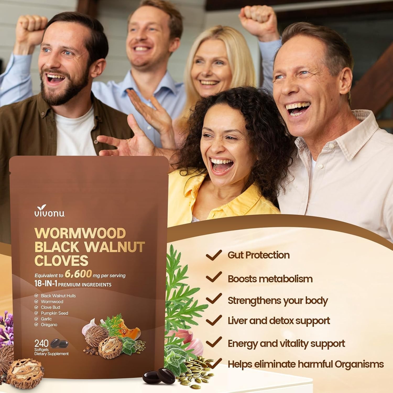 NEW Vivonu Wormwood Black Walnut Cloves 240 Softgels 18-in-1 Detox 6600mg Eq