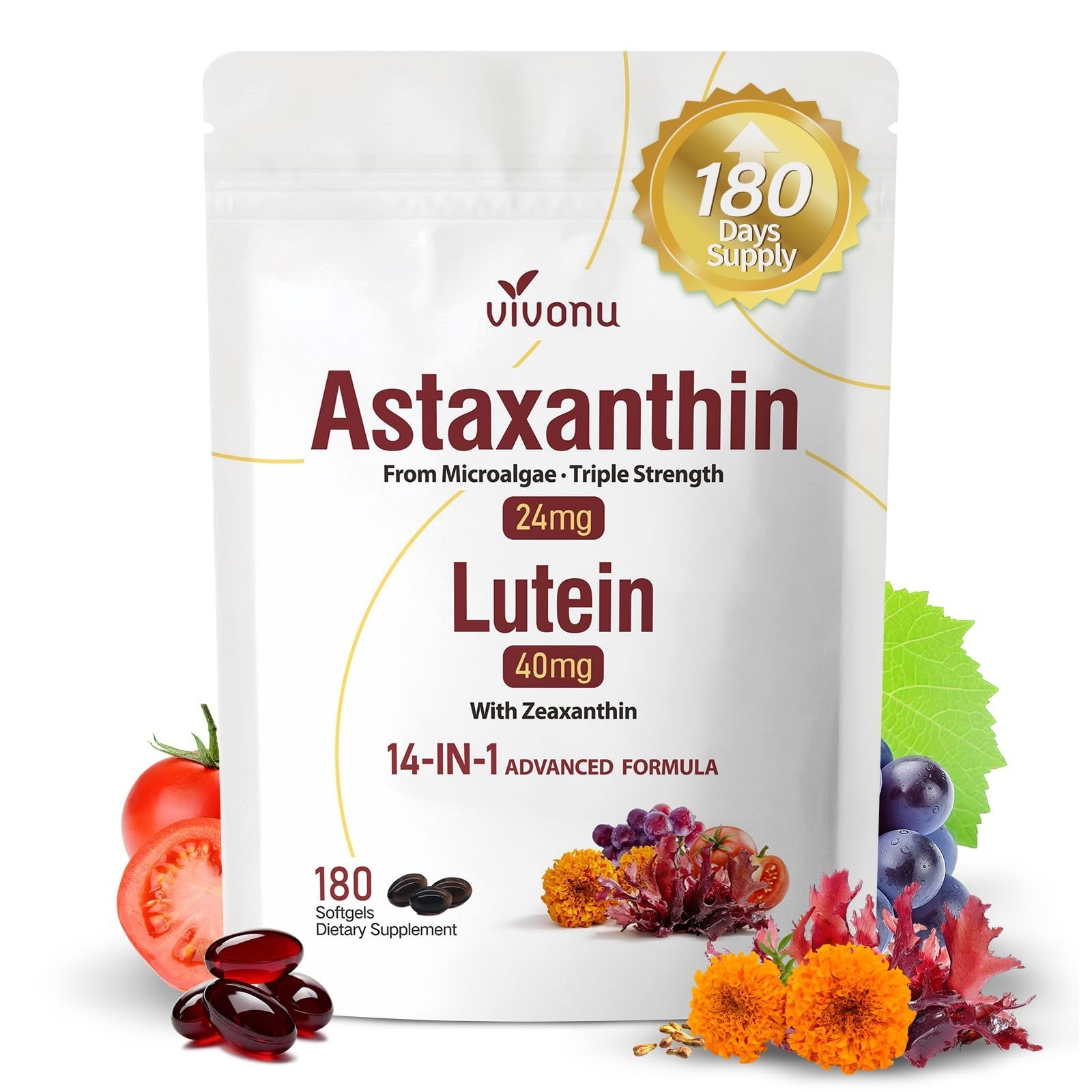 14-in-1 Astaxanthin 24mg & Lutein 40mg Supplements, 180 Softgels, Eye & Skin Sup