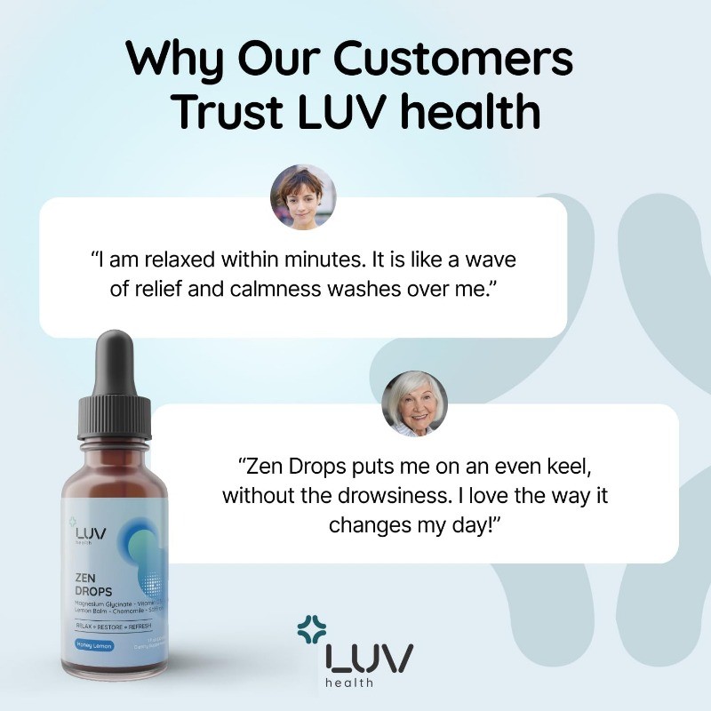 LUV Zen Drops Stress Support containing Magnesium Glycinate and Lemon Balm Vegan