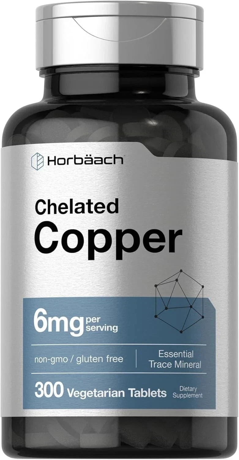 Chelated Copper Supplement 6mg, 300 Tablets, Non-Gmo & Gluten Free, by Horbaach