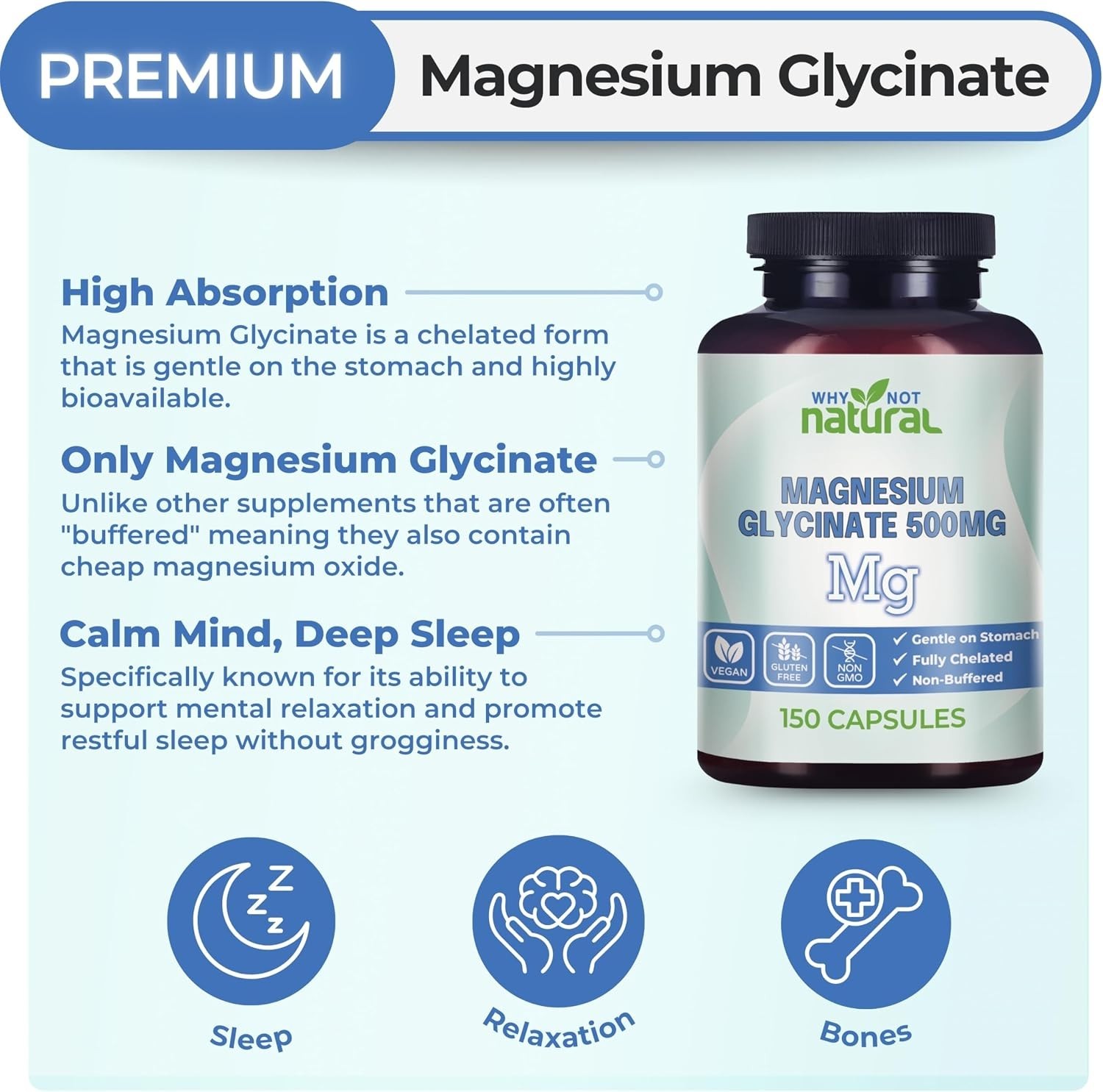 Magnesium Glycinate 500mg 150Caps Vegan/Chelated/NpnGMO/Gluten Free/All Natural