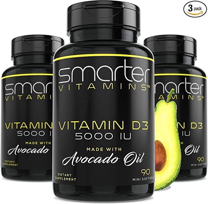 SMARTERVITAMINS – 3 PACK! VITAMIN D3 5000 IU with Avocado Oil + Soy Free Non-GMO