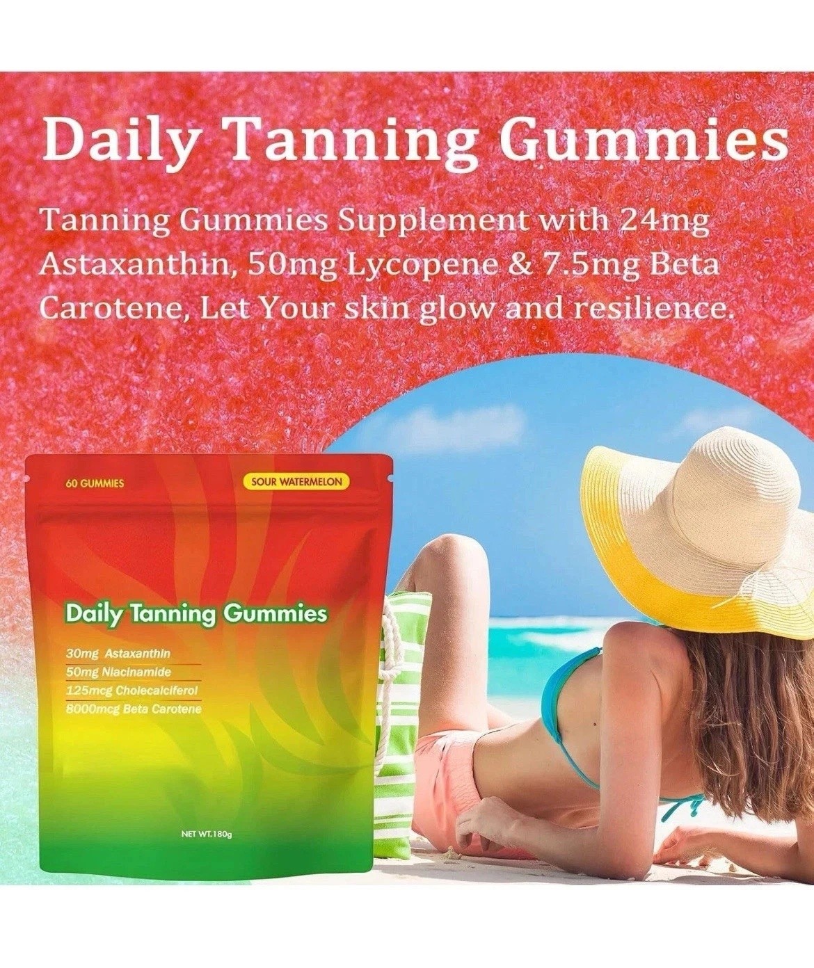 60pcs/bag Natural Daily Tanning Gummies Sunless Tan & Skin Glow Supplement