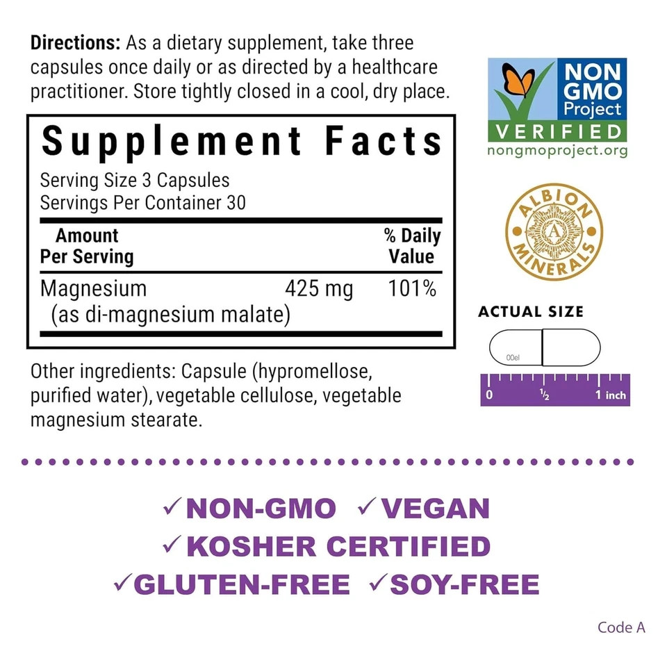 Magnesium Malate 90 Vegetable Capsules, Energy, Muscle & Joint Health