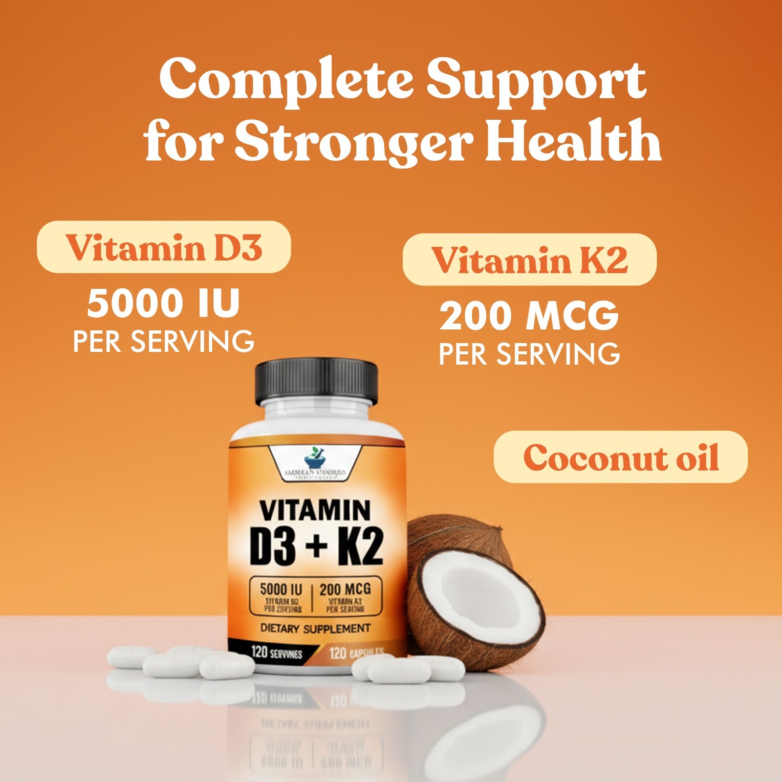 Vitamin D3 5000IU plus Vitamin K2 as MK-7 200mcg , 120 Veggie Caps, 120 Servings