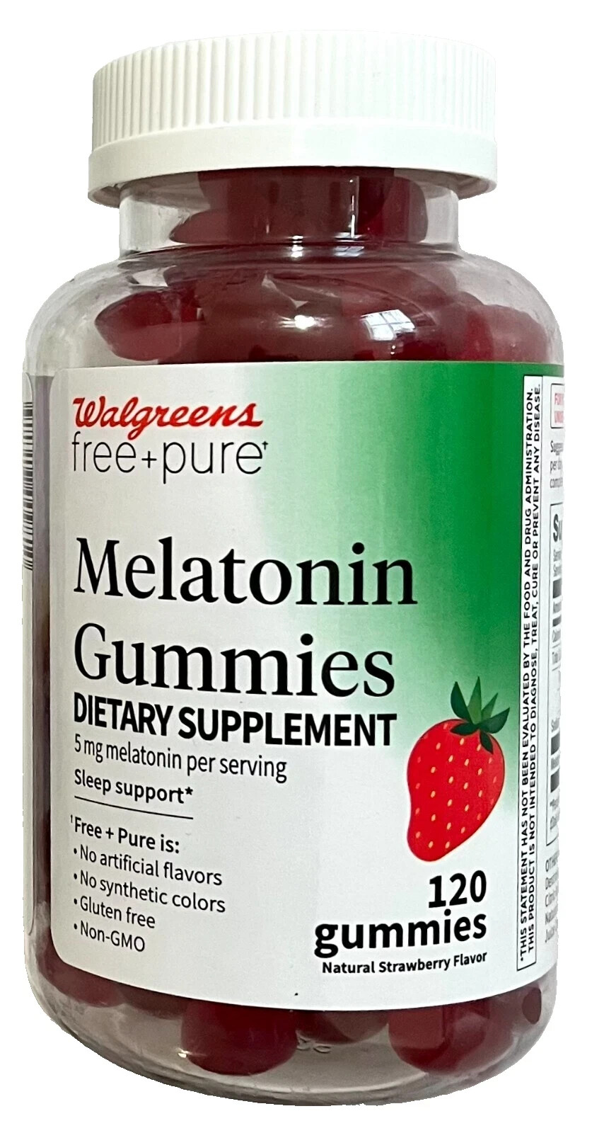 Walgreens Free+Pure 5mg Melatonin Sleep Support Gummies Strawberry 120 Ct 06/26