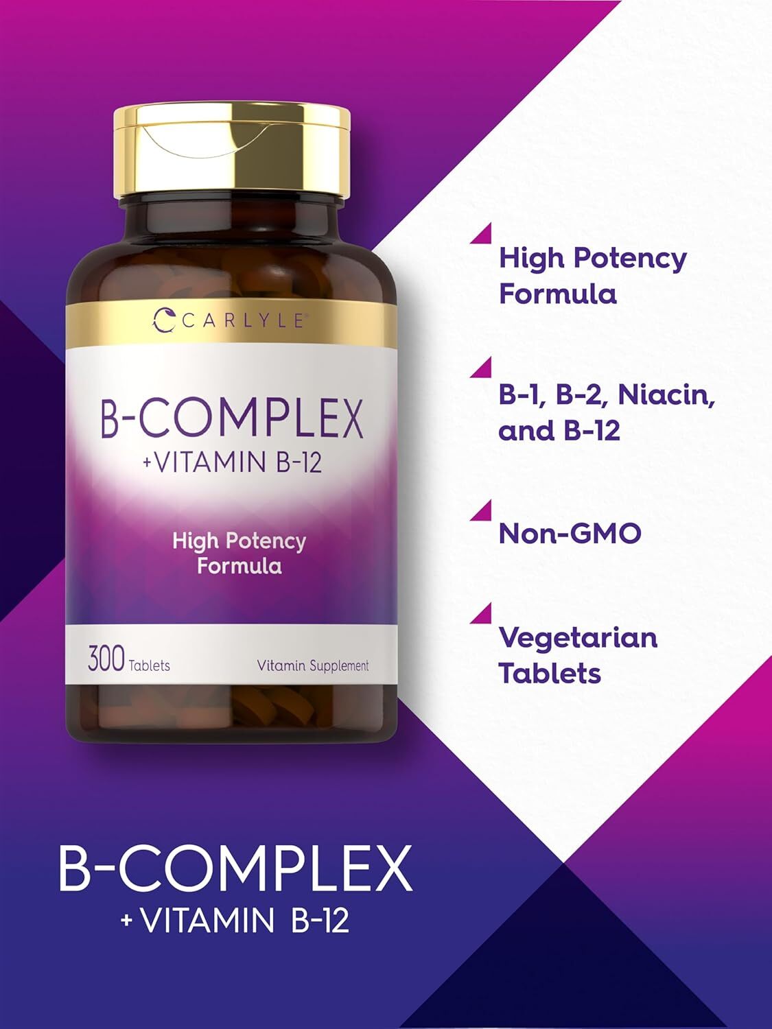 B Complex Vitamin with B12 | 300 Tablets | Vegetarian, Non-GMO | by Carlyle