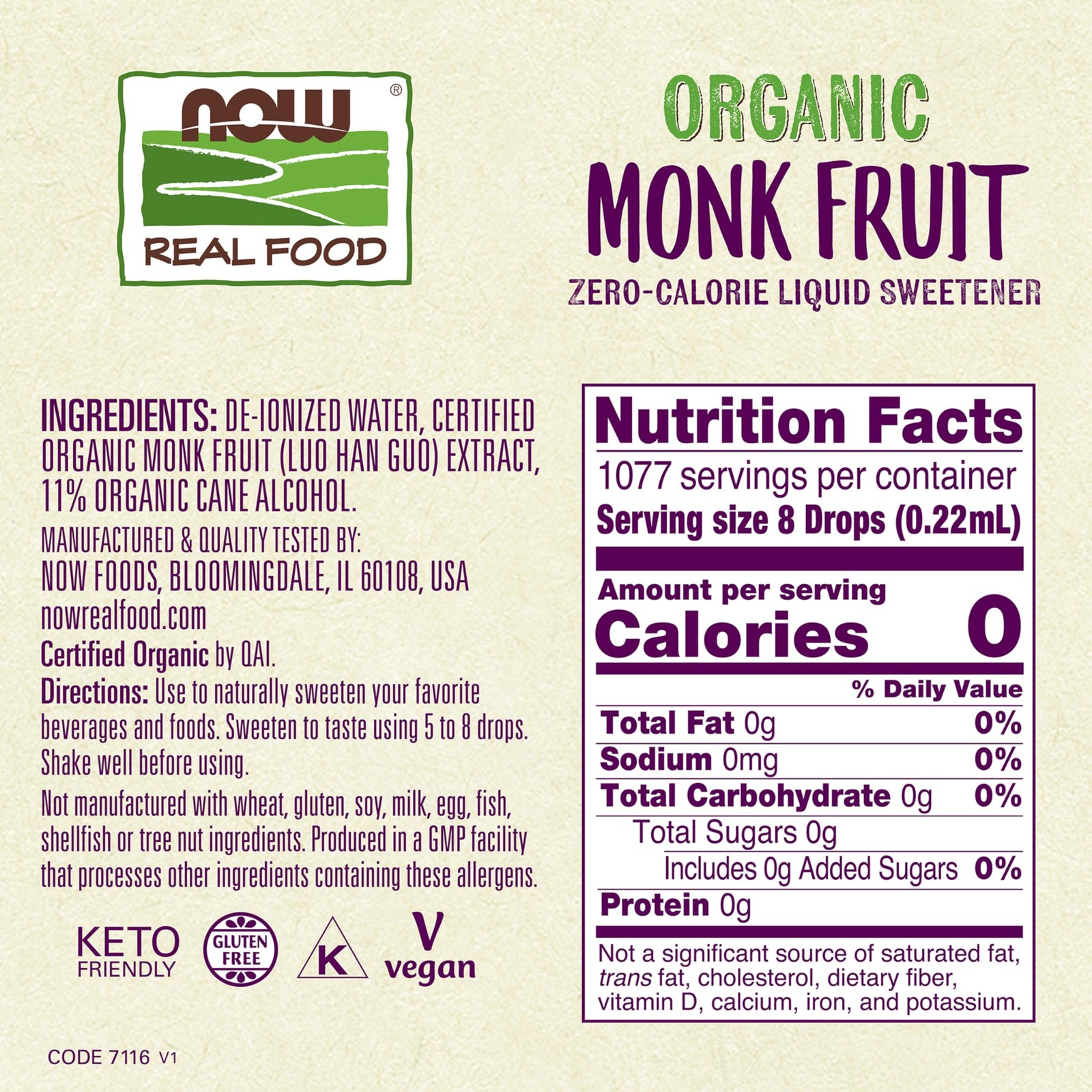 NOW Foods, Certified Organic Monk Fruit Liquid, 8 Fl Oz (Pack of 1), No Color