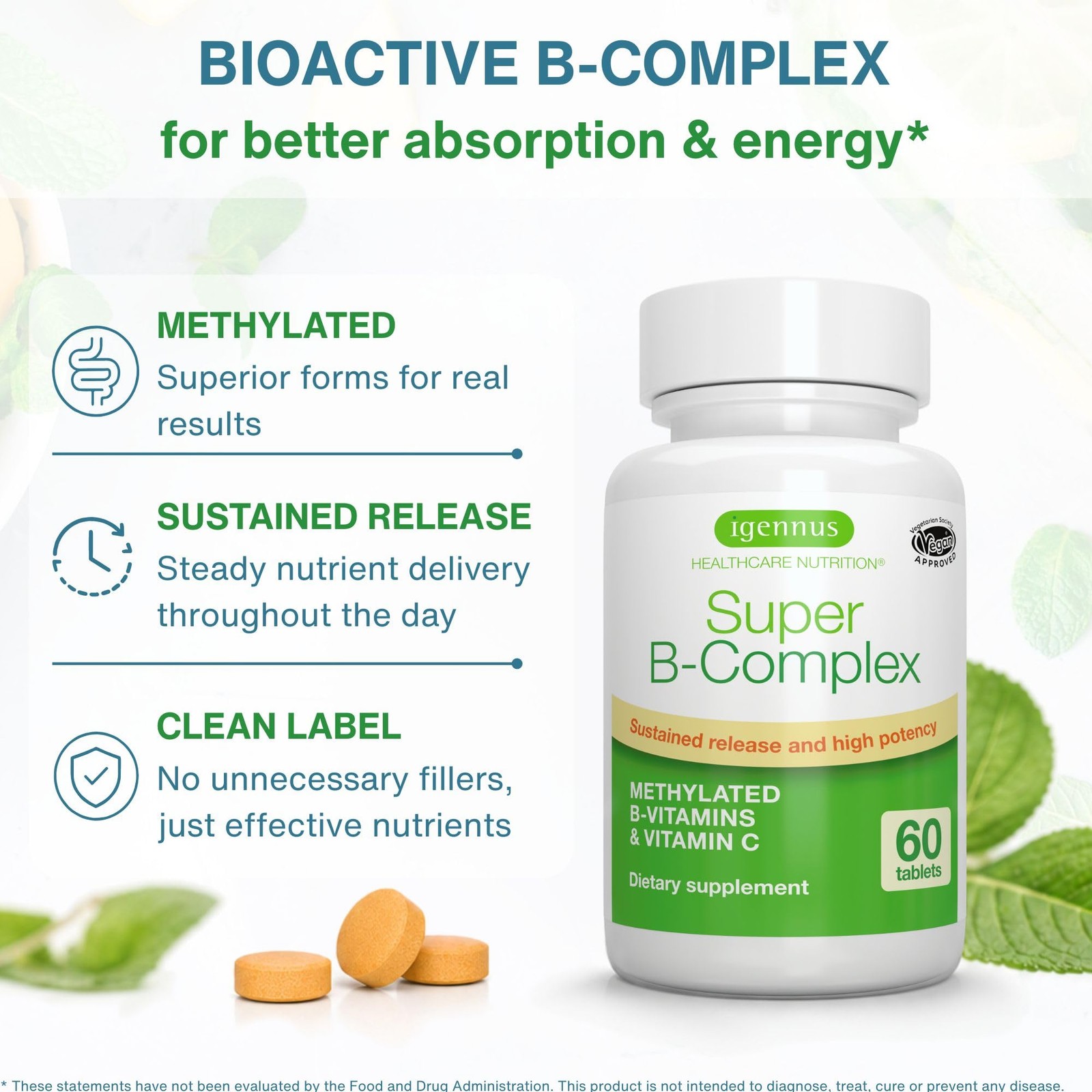 Igennus Super B-Complex Methylated B Vitamins – 60 Count (Pack of 1), Yellow