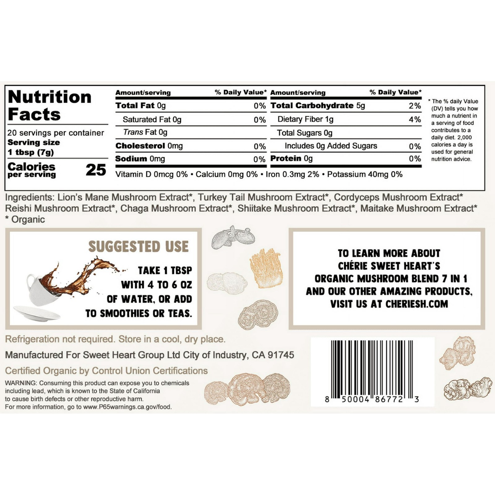 Organic Mushroom Blend 7 in 1 Lions Mane, Reishi, Chaga, Maitake, Cordyceps 5 Oz