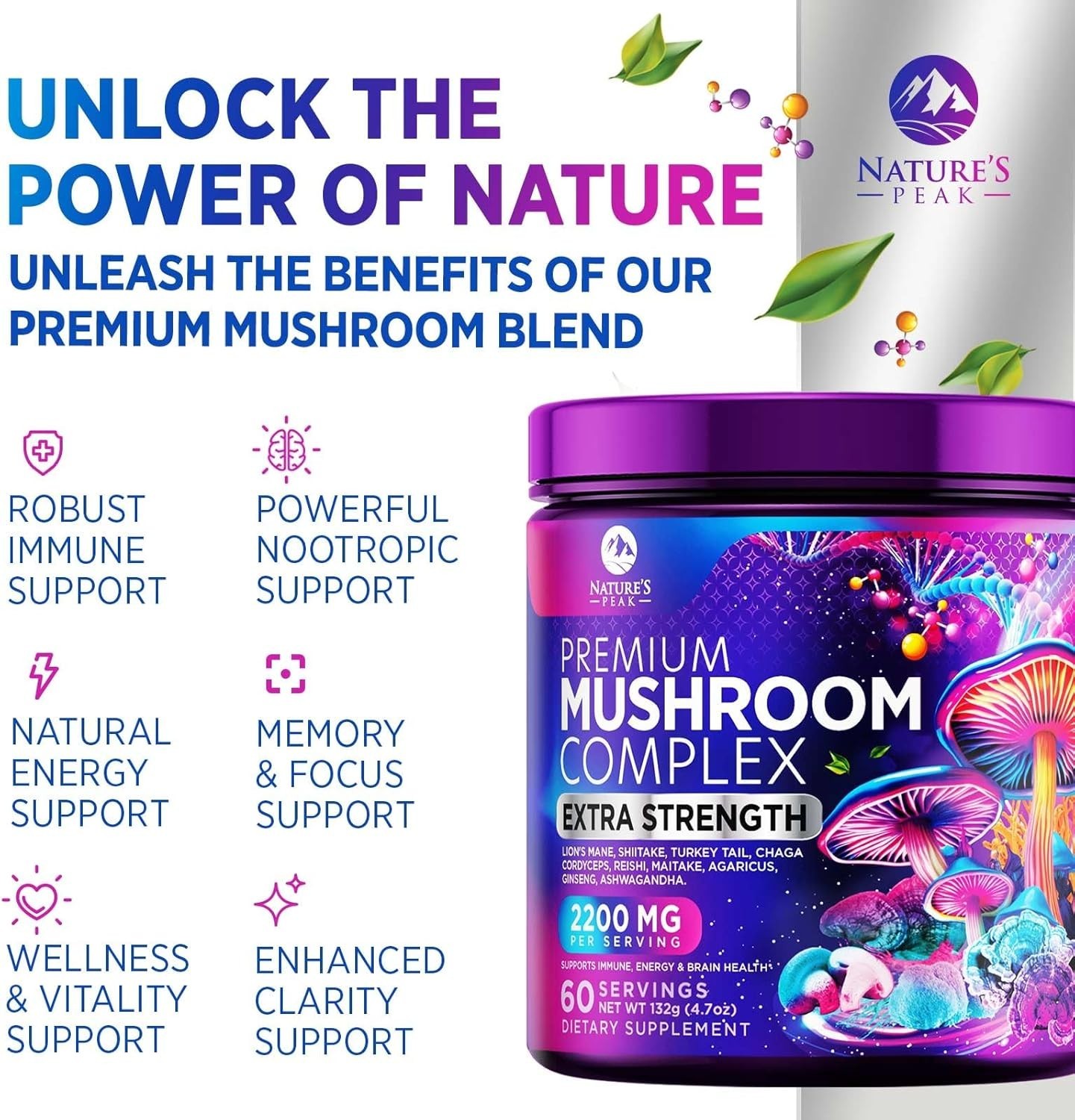 Mushroom Supplement Powder 2200mg – 11 in 1 Complex Formula Powder with Organic