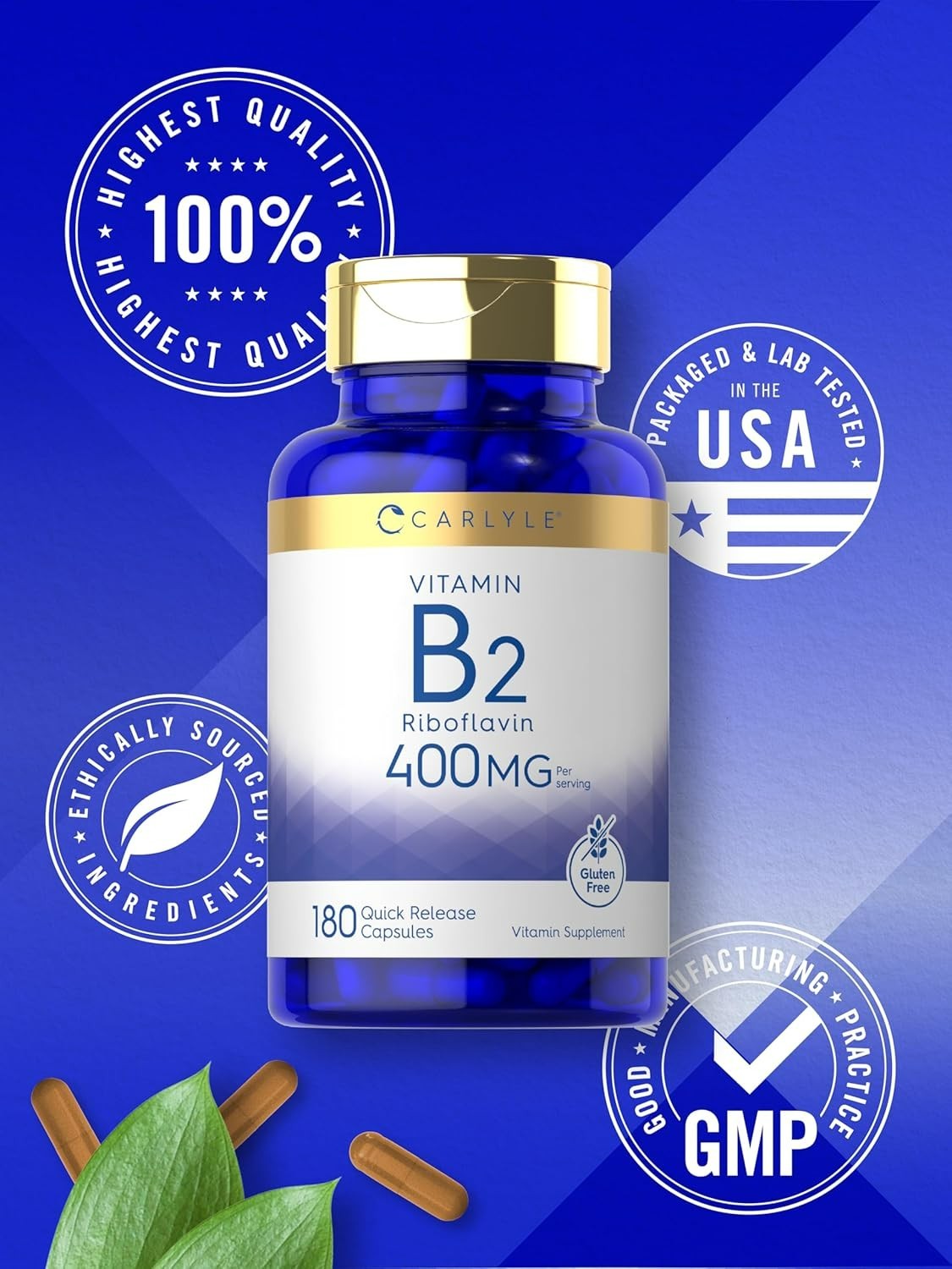 Carlyle Vitamin B-2 400mg 180 Count Non-GMO Gluten Free Supplement B2 Riboflavin