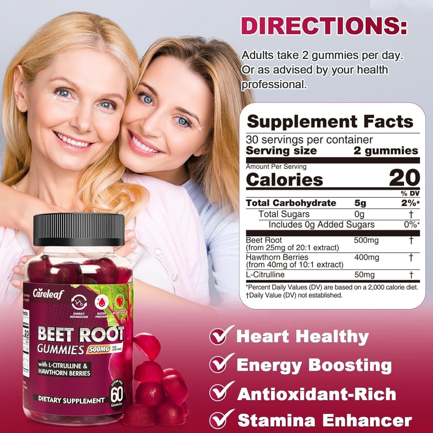 Careleaf Beetroot Gummies 500mg Energy Booster 60Ct
