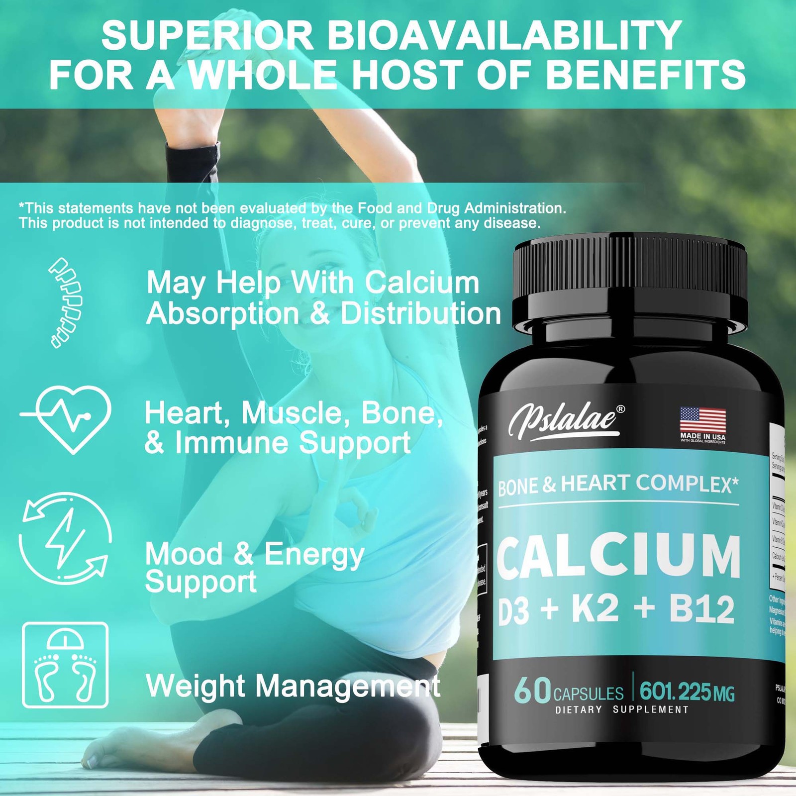 Calcium 60pcs – Strong Bones, Joint Health, Immune Support-w/Vitamin D3, K2, B12