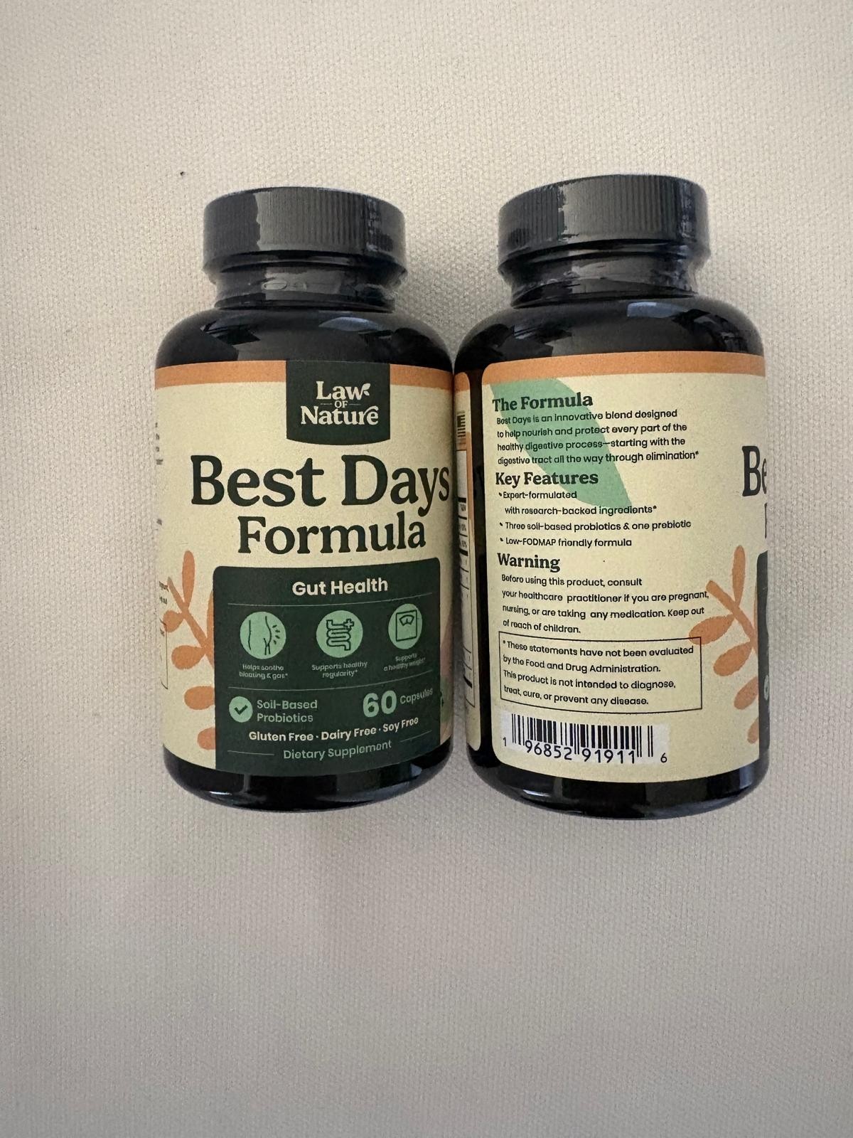 2 UNITS-LAW NATURE-BEST DAYS FORMULA-GUT HEALTH 60 CAPSULES-GLUTEN FREE !