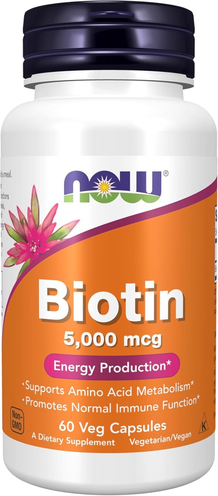NOW, Biotin 5,000 mcg, Amino Acid Metabolism*, Energy Production*, 60 Veg Caps