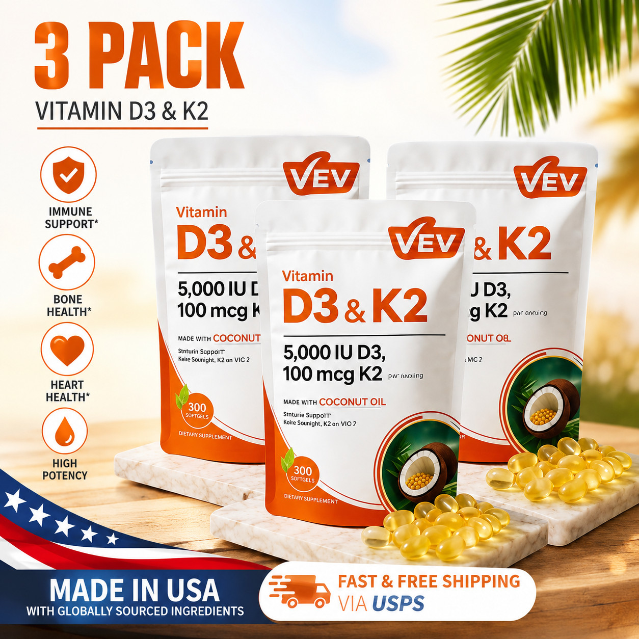 3PCS VEV D3 K2 10000 IU Softgels with Coconut Oil, 2-in-1 Vitamin Support 300 Ct
