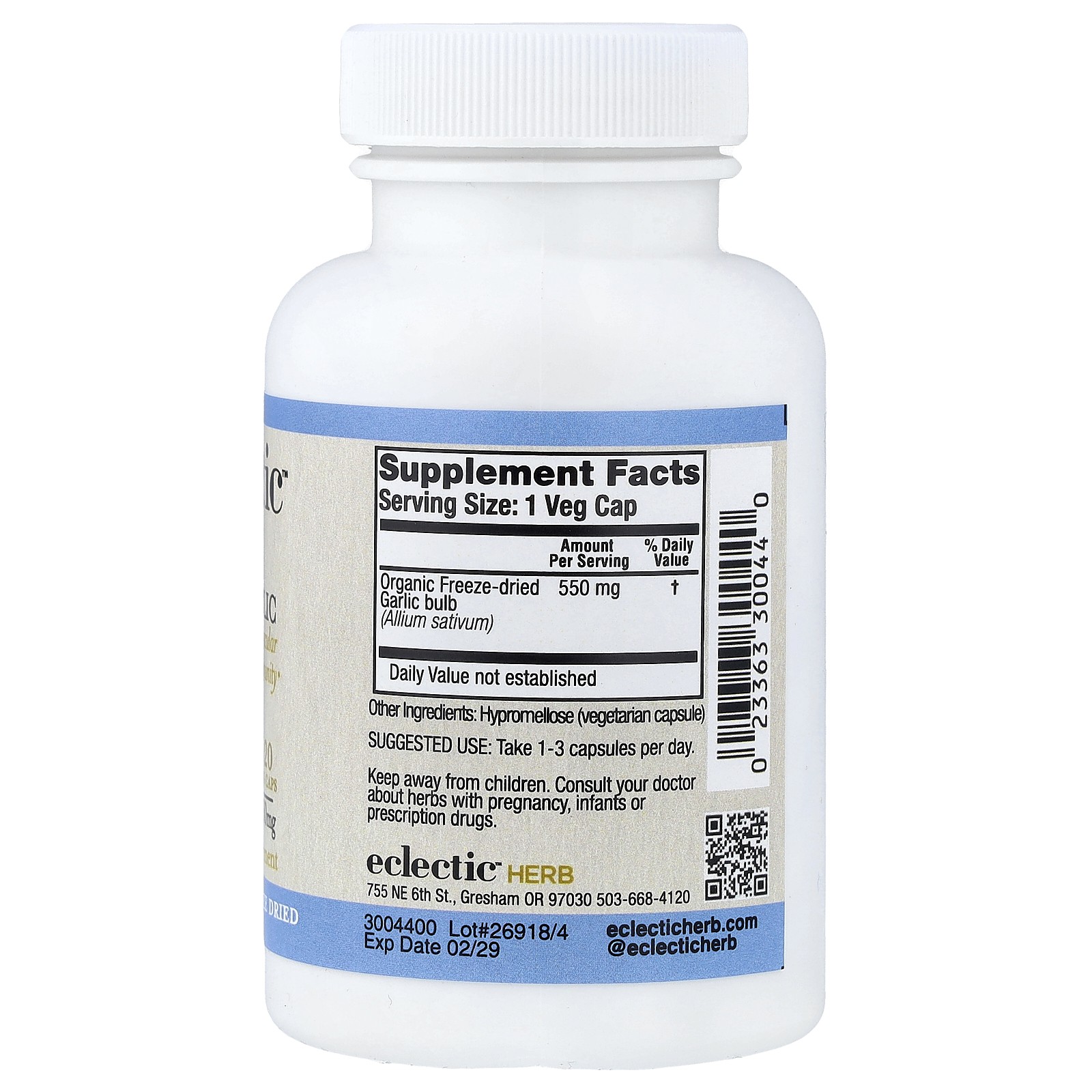 Eclectic Institute Garlic 550 mg 120 Non-GMO Veggie Caps Dairy-Free, Grain-Free,