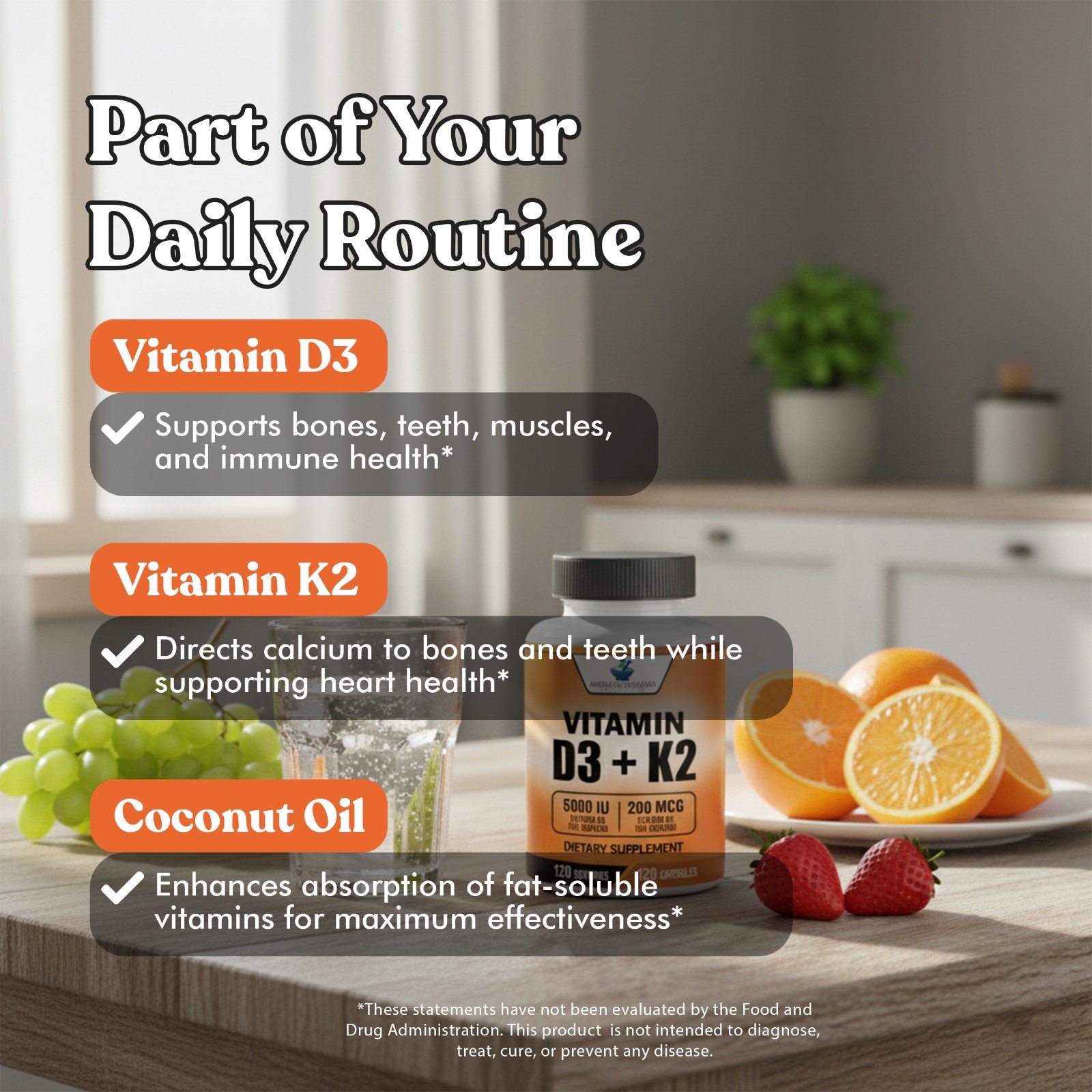Vitamin D3 5000IU plus Vitamin K2 as MK-7 200mcg , 120 Veggie Caps, 120 Servings