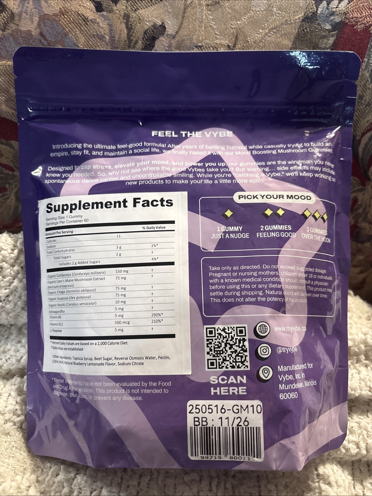 Vybe Mushroom Gummies for Focus, Mood, Calm & Energy 60 Count Blueberry 11/2026