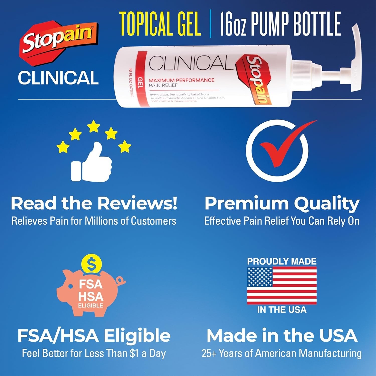 Stopain Pain Relief Clinical 16oz, Made in USA, Maximum Performance Pain Reli…