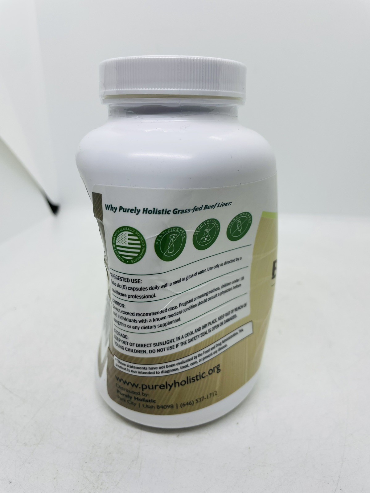 Purely Holistic – Grass Fed Beef Liver – 4500mg Non-GMO – EXP 9/26- Bottle DMG