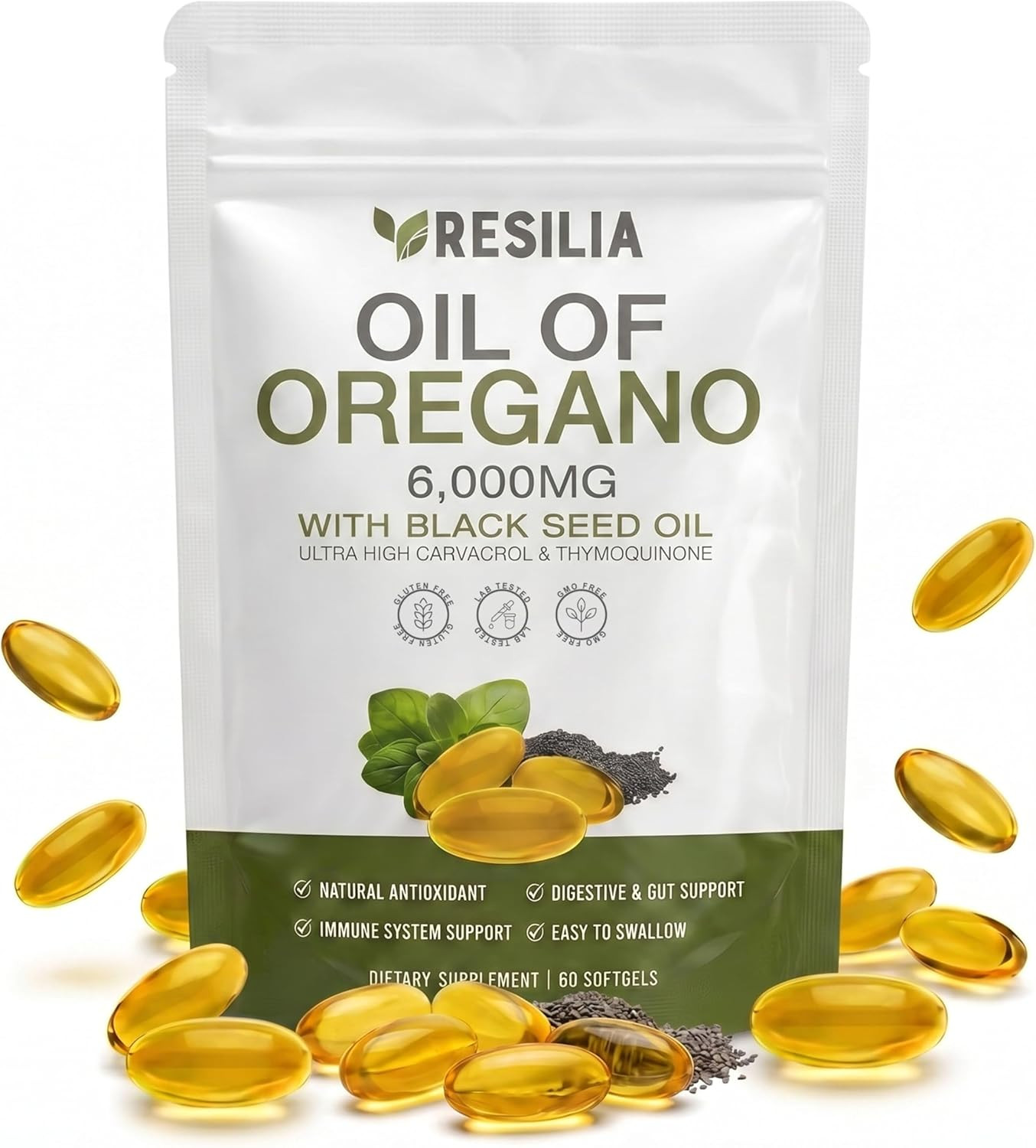 Resilia Softgels with Black Seed Oil 6000Mg – Premium Grade Oregano Oil Capsules
