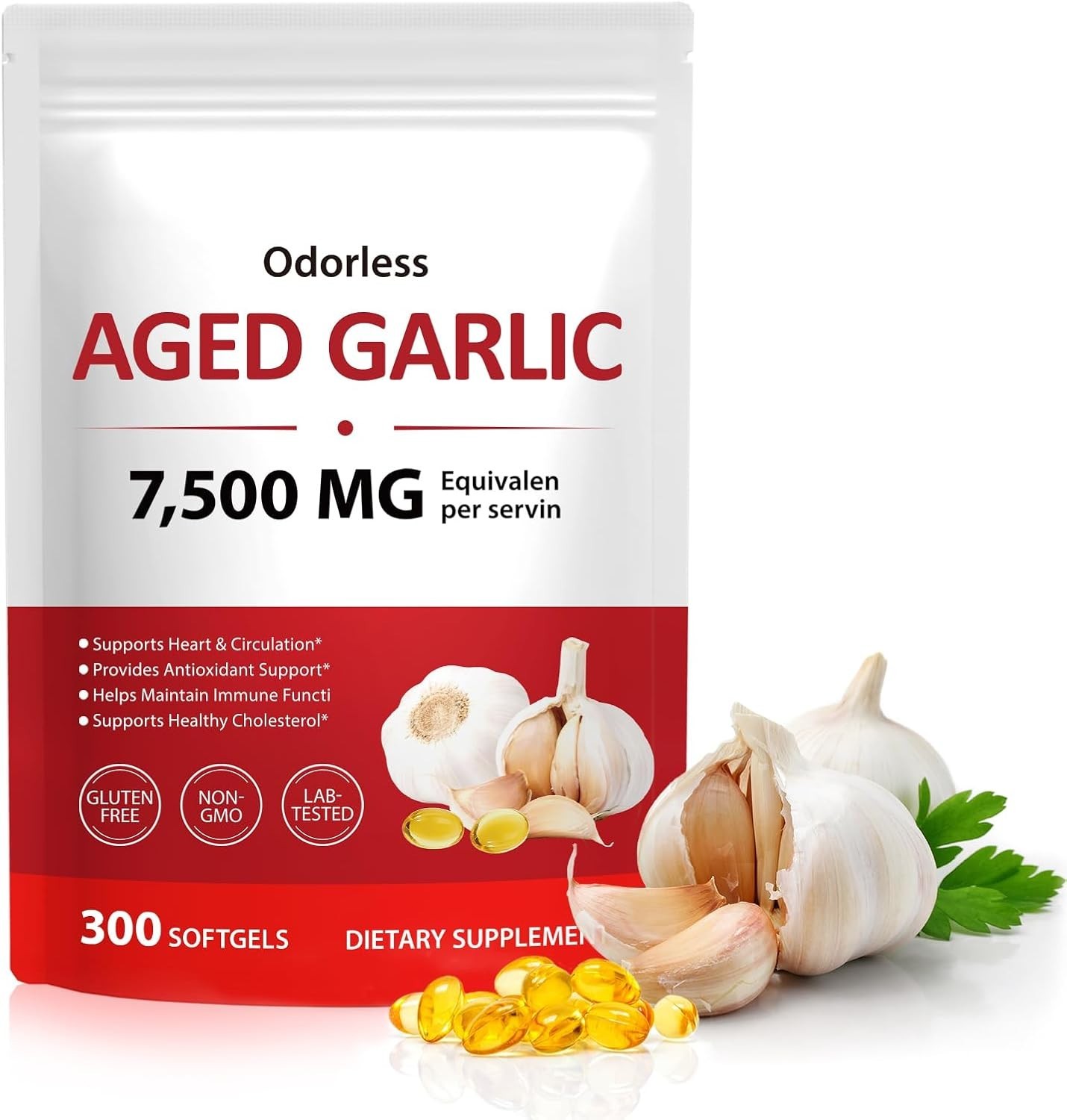 Odorless Garlic 7500mg Per Servings, 300 Softgels | 2 Years Aged Garlic Extra…