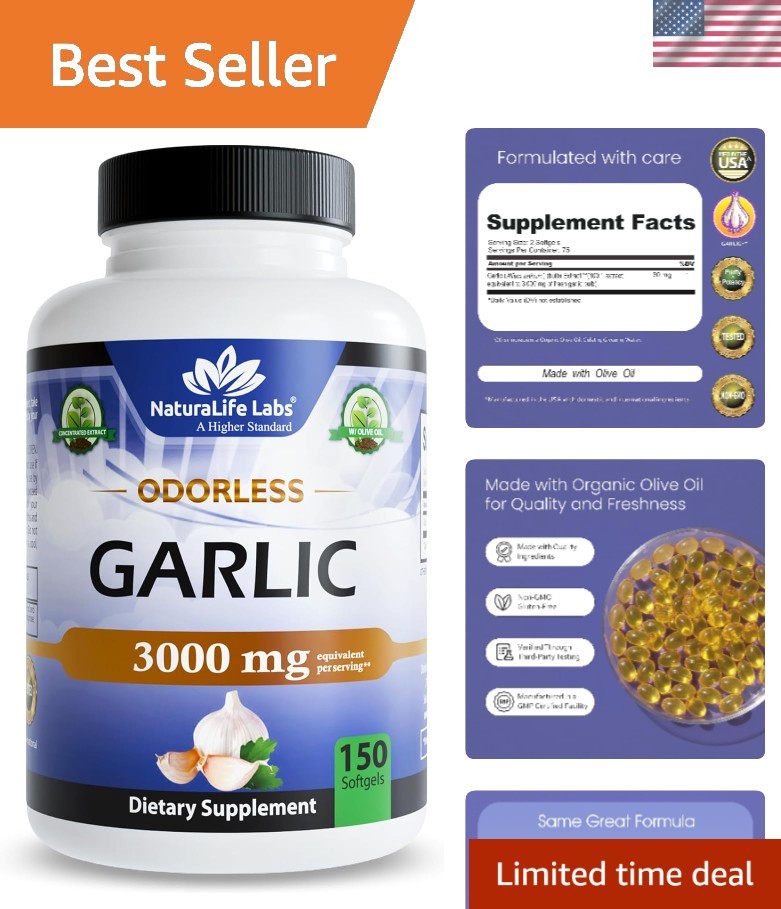 Pure Odorless Garlic with Organic Olive Oil – 150 Softgels, Gluten-Free Formula