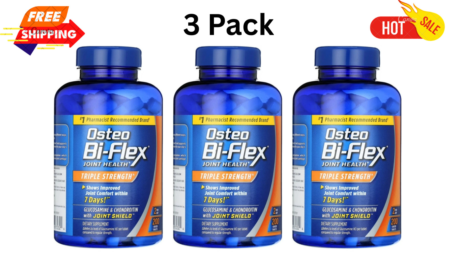 3 Pck Osteo Bi-Flex Triple Strength Dietary Supplement 200 Capsule Free Shipping