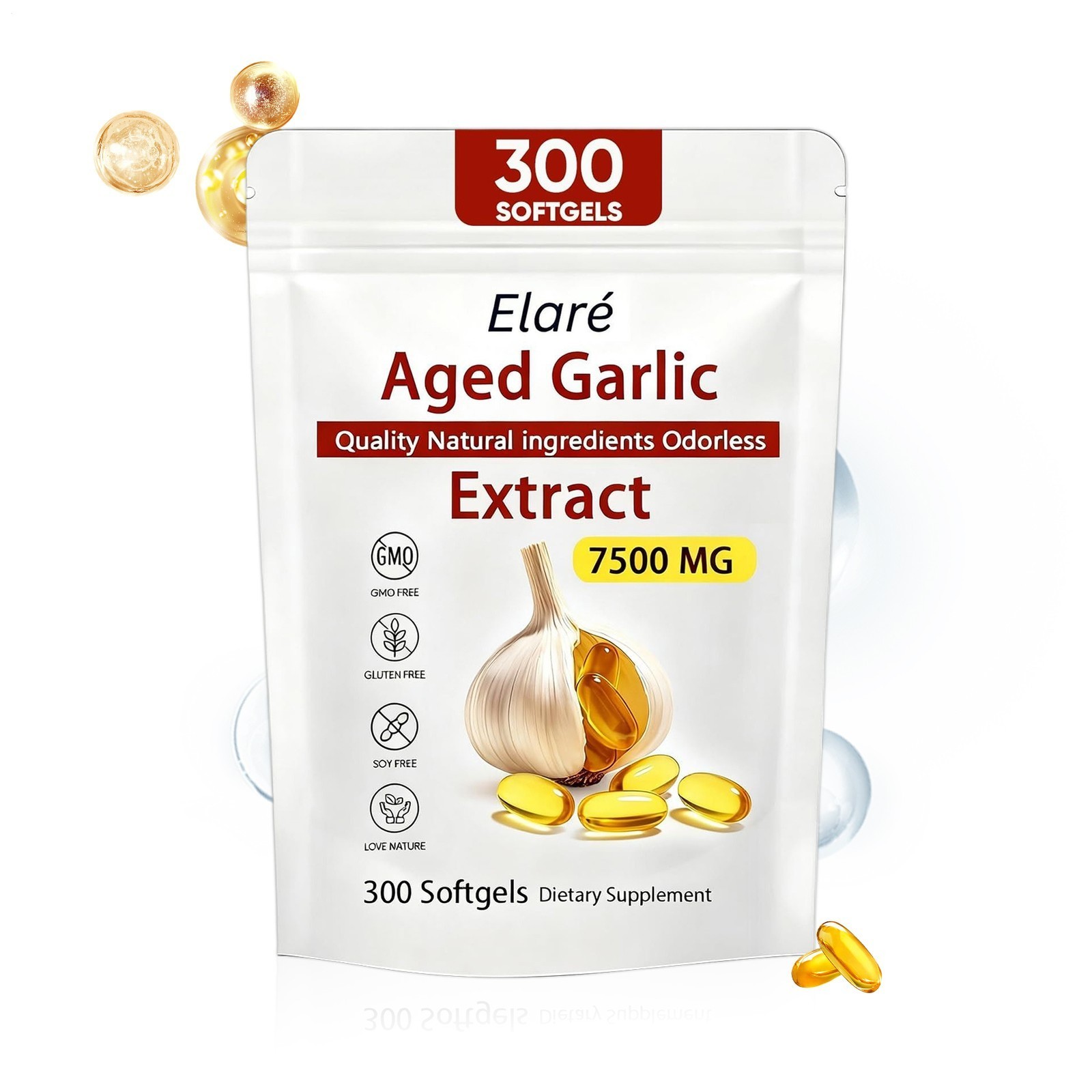 1-3pk Elare Aged Garlic Extract 300 Odorless 7500mg Softgels Heart Immune