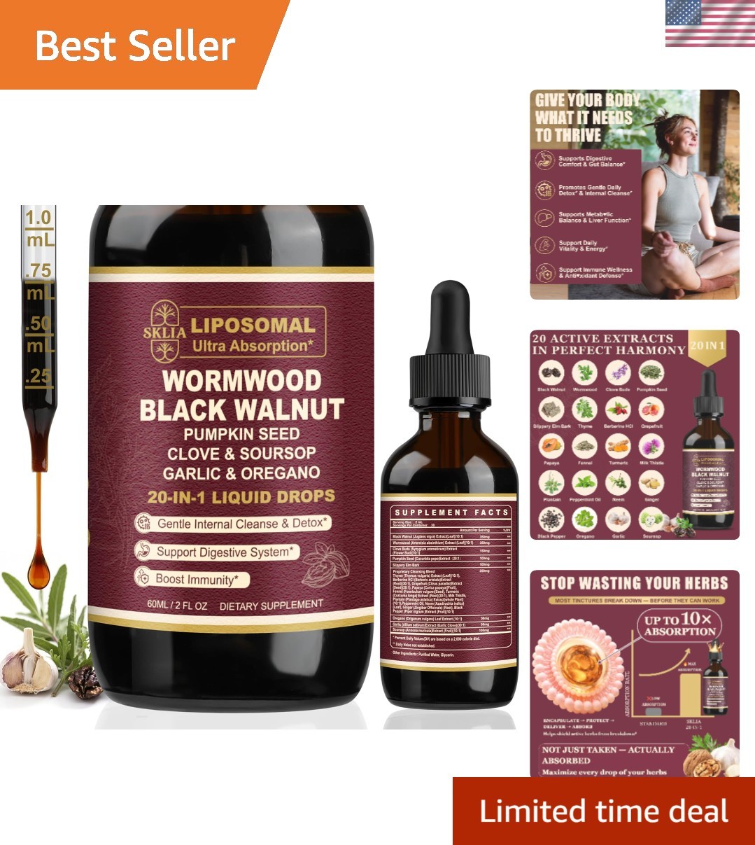 Liposomal Wormwood Cleanse Drops | 20 Botanicals for Digestive Health – 2 Fl oz