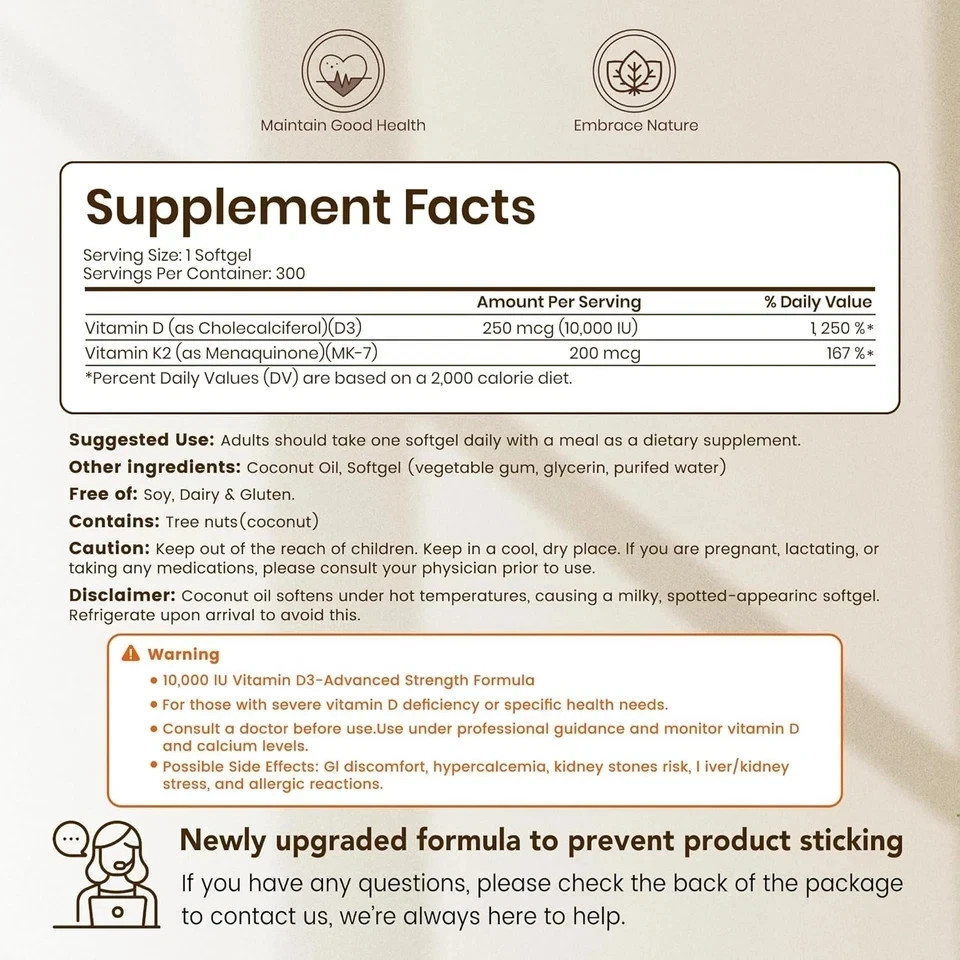 VEV Vitamin D3 K2 MK7 Softgels,10000IU D3 +200mcg K2 with Coconut Oil,300 Count