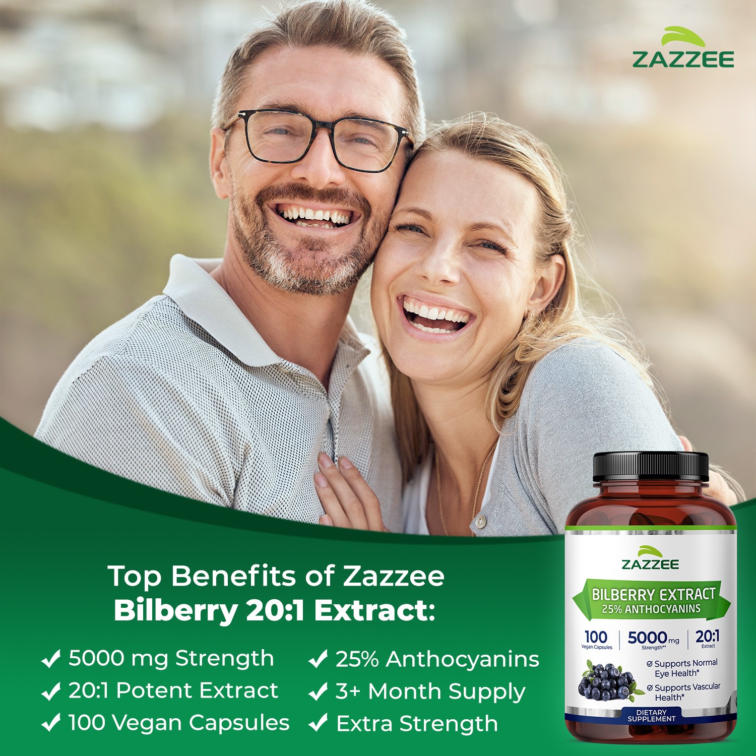 Zazzee Extra Strength Bilberry 20:1 Extract, 25% Anthocyanins, 5000 mg Strength