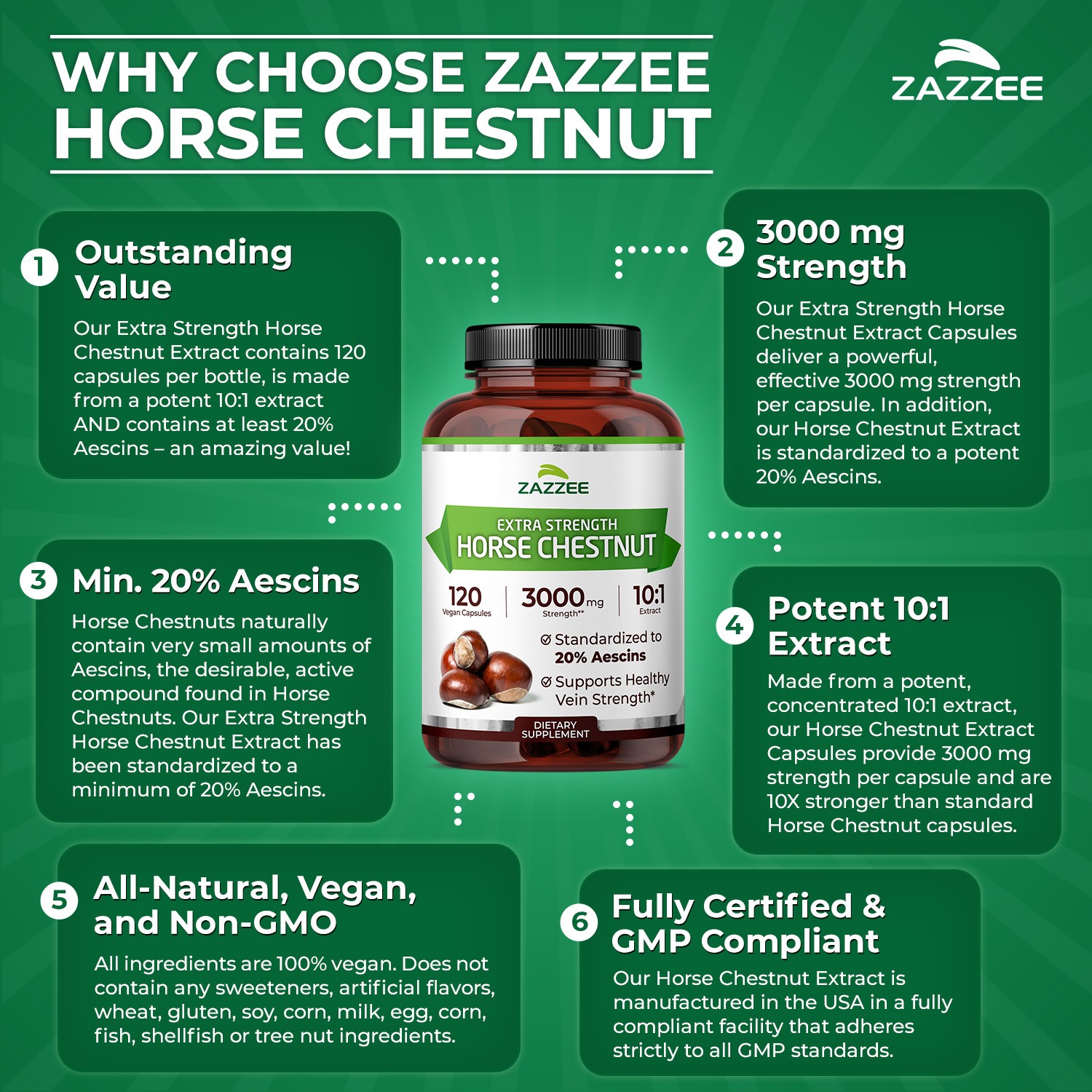 Zazzee Extra Strength Horse Chestnut 10:1 Extract, 3000 mg Strength, 20% Aescins