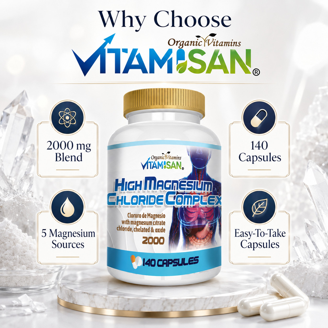 Magnesium Chloride (Cloruro de Magnesio) 2000 mg 280 capsules- 2 bottles