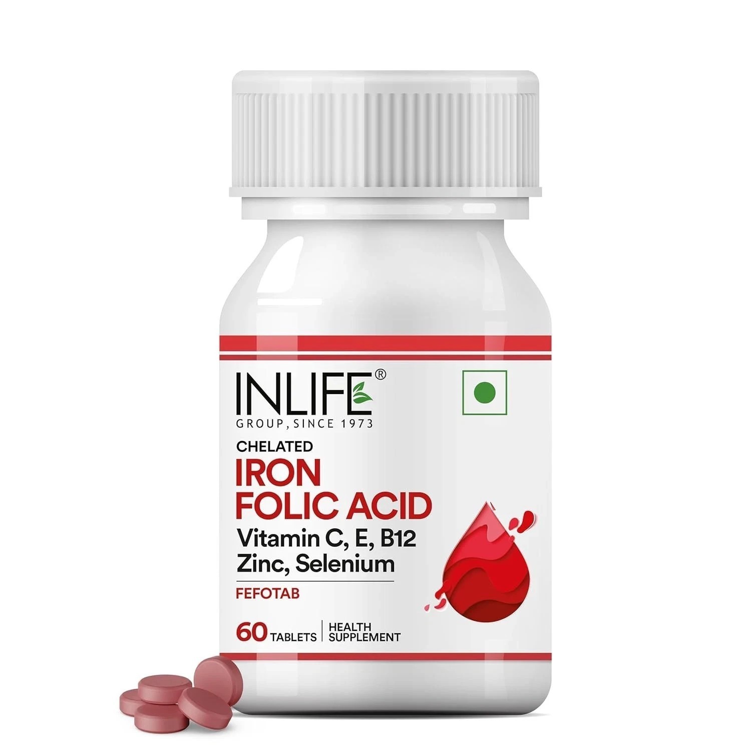 INLIFE Chelated Iron Folic Acid Supplement Vitamin C,E, B12, Zinc & Selenium 60N