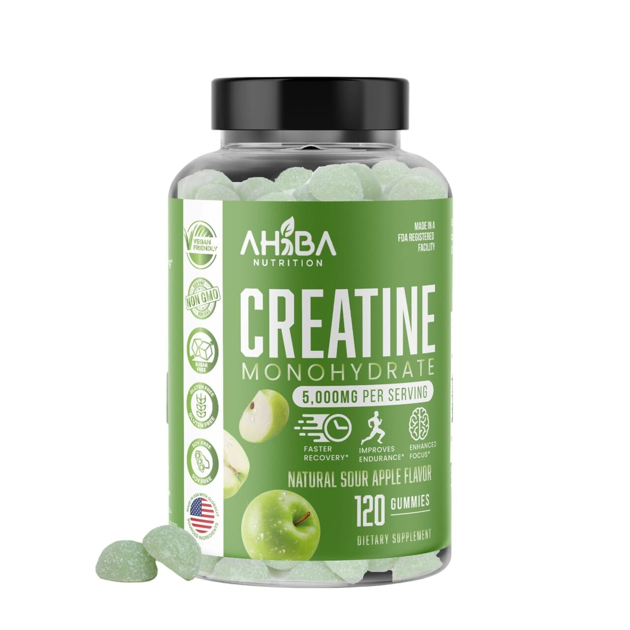 Monohydrate Creatine Gummies | USA made | 120 Count | Vegan | Sugar FREE | 5MG