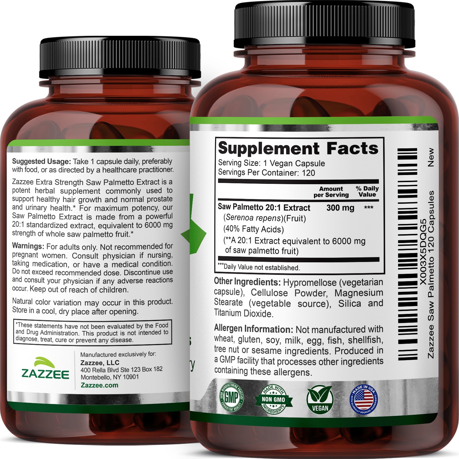 Zazzee Extra Strength Saw Palmetto 20:1 Extract, 6000 mg Strength, 120 Capsules