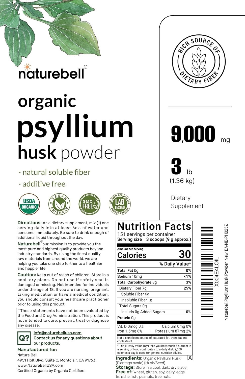 Natural Psyllium Husk Fiber Powder – Unflavored 3lb for Optimal Digestive Health