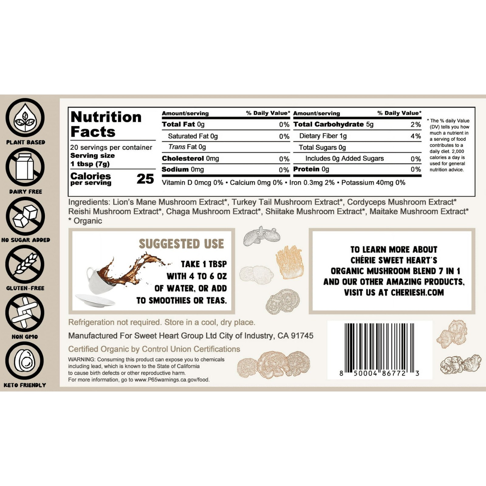 Organic Mushroom Blend 7 in 1 Lions Mane, Reishi, Chaga, Maitake, Cordyceps 5 Oz