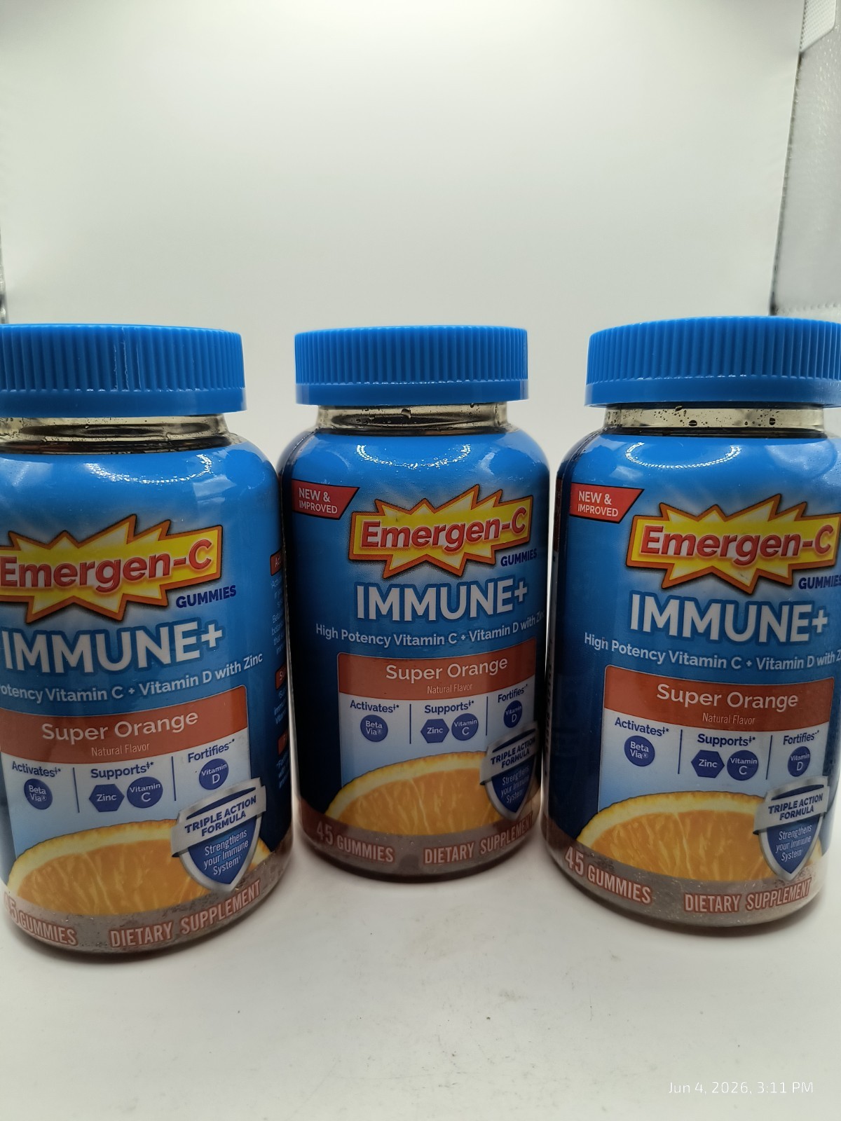 3X Emergen-C Immune Plus with Vitamin D Super Orange Flavor 45 Gummies Ex 07/26