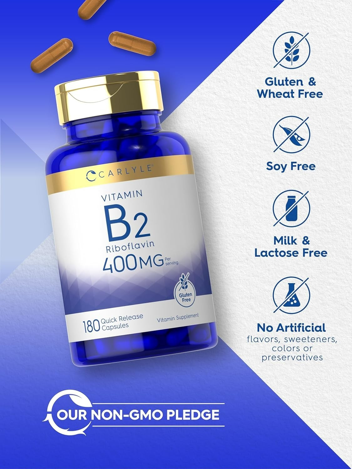 Carlyle Vitamin B-2 400mg 180 Count Non-GMO Gluten Free Supplement B2 Riboflavin