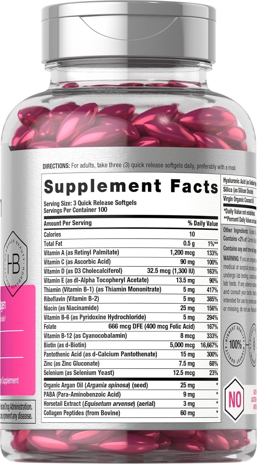 Hair Skin and Nails Vitamins | 300 Softgels | Biotin and Collagen | by Horbaach