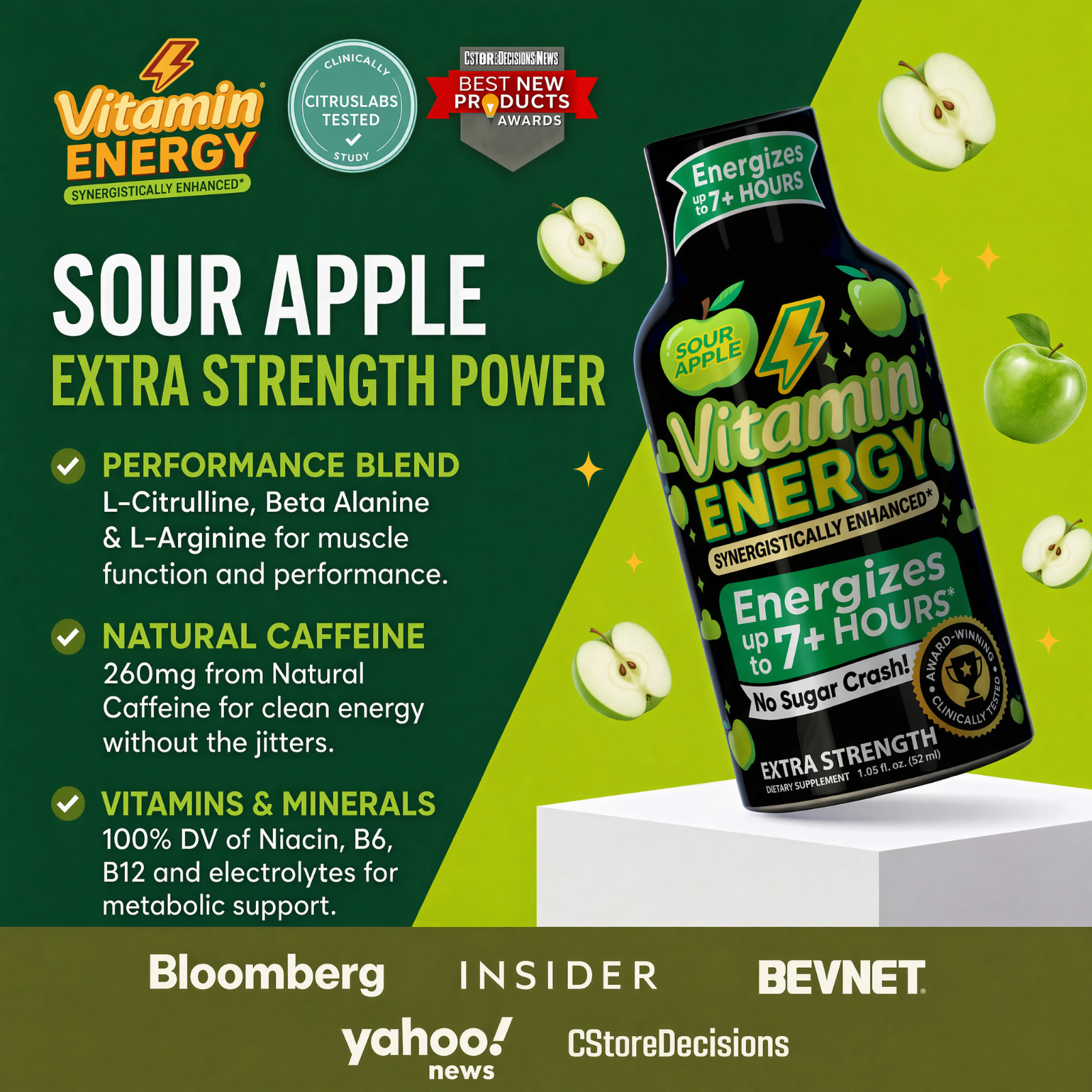 (48 Pack) Vitamin Energy® Workout+ Sour Apple Energy Shots, Clinically Proven