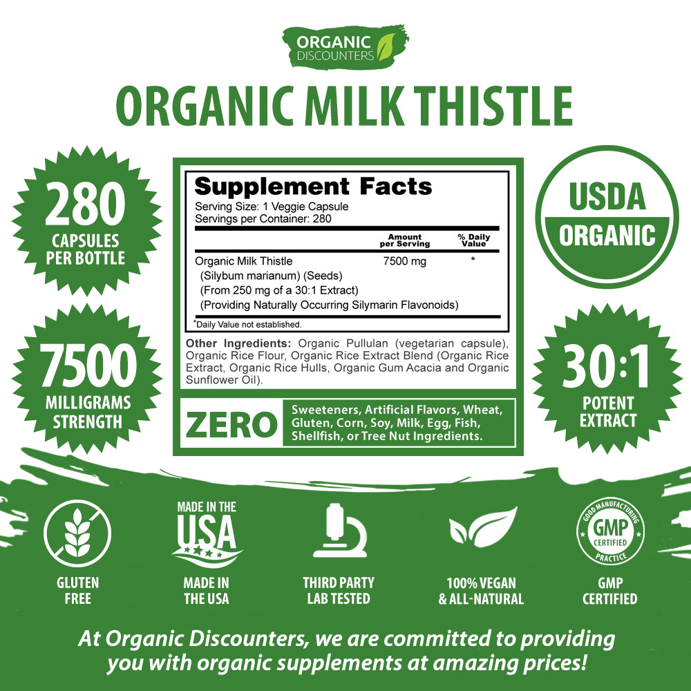 Organic Discounters USDA Organic Milk Thistle Extract Capsules, 280 Count, 7500